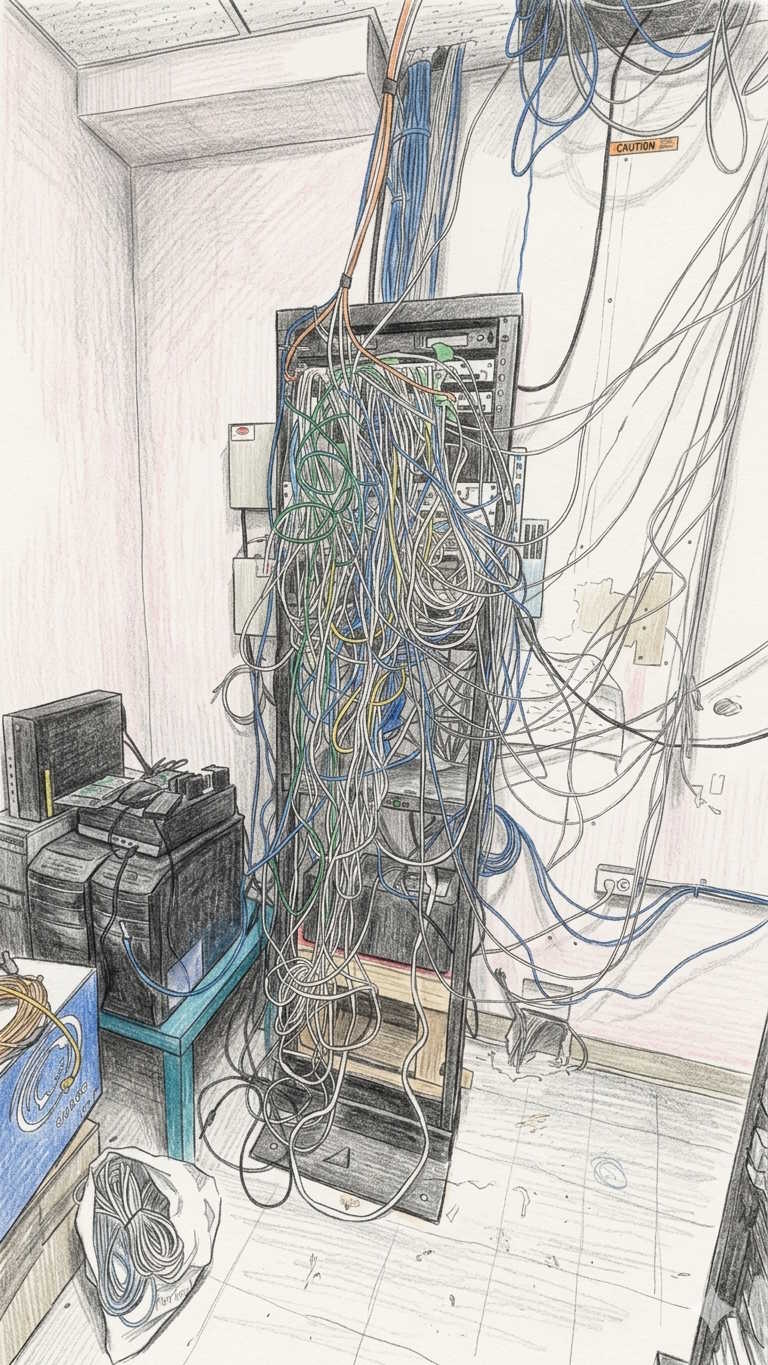 Colored-pencil sketch of a client's server rack at first audit — rat's-nest of cables, ancient hardware, no documentation